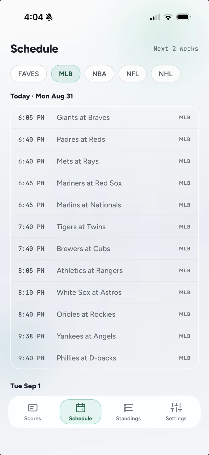 scorechecker's schedule screen, listing tonight's MLB games by start time, light theme