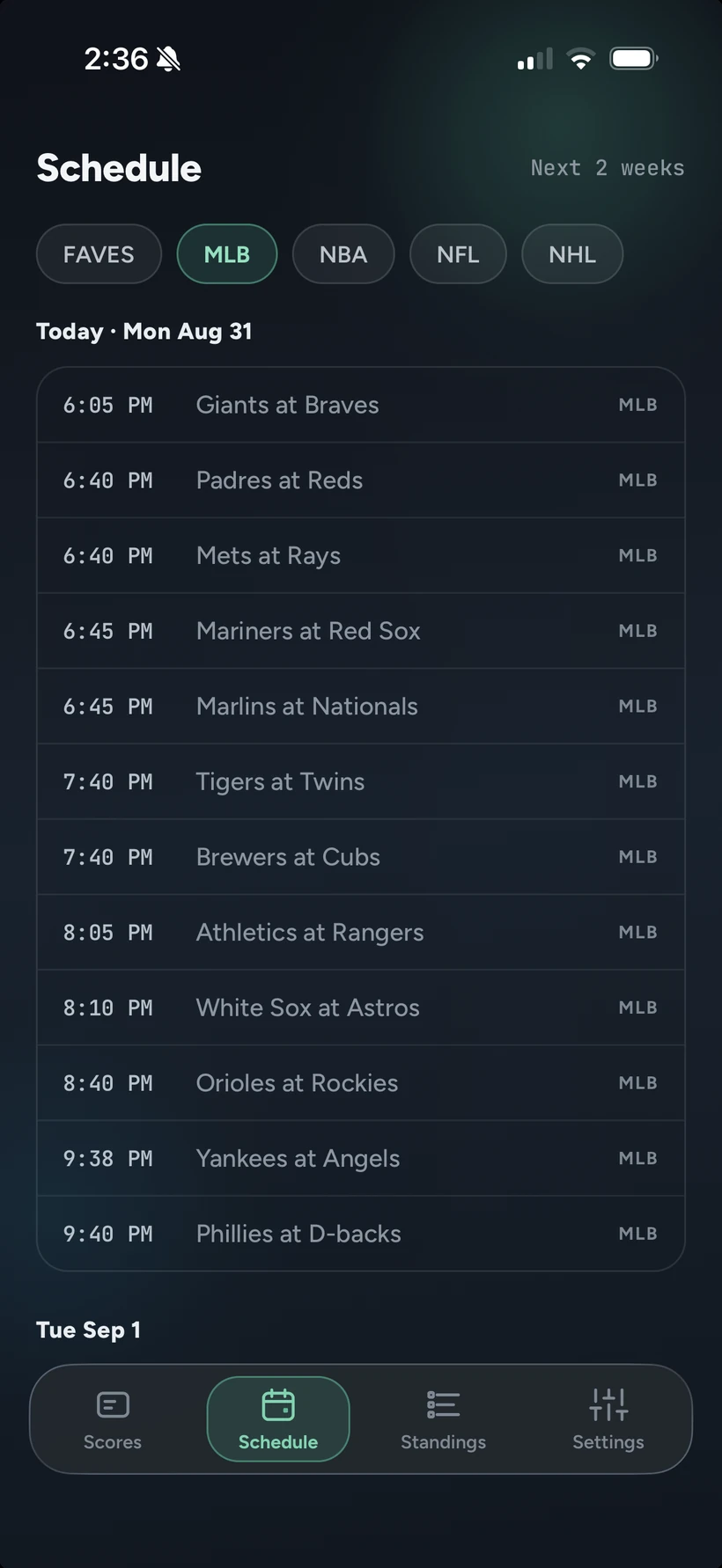 scorechecker's schedule screen, listing tonight's MLB games by start time, dark theme