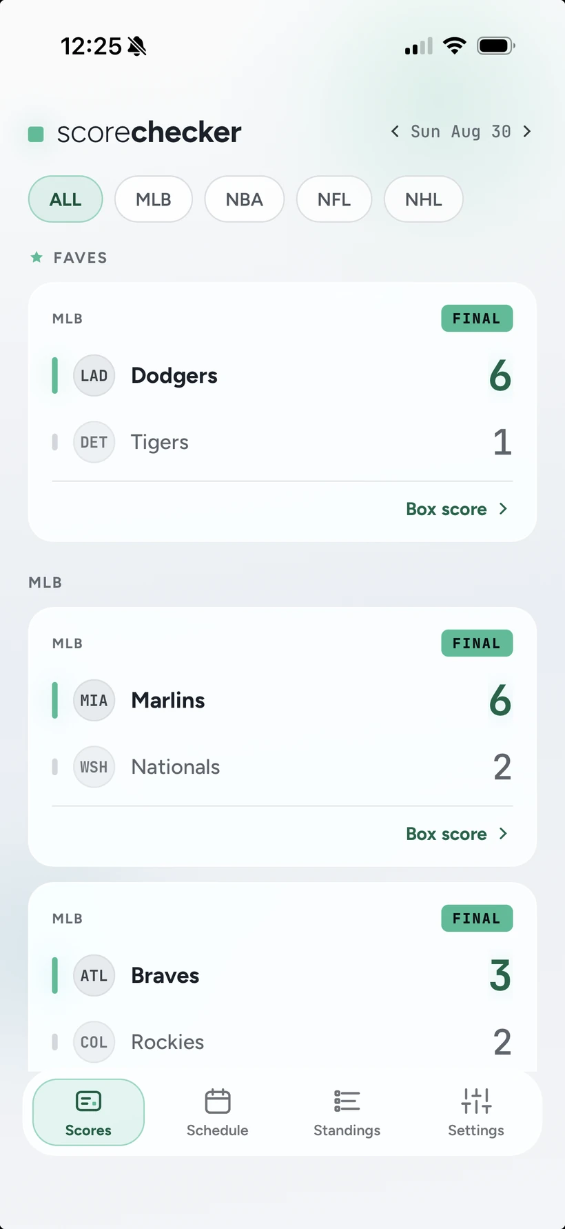 scorechecker's scores screen, listing today's games with final scores, light theme